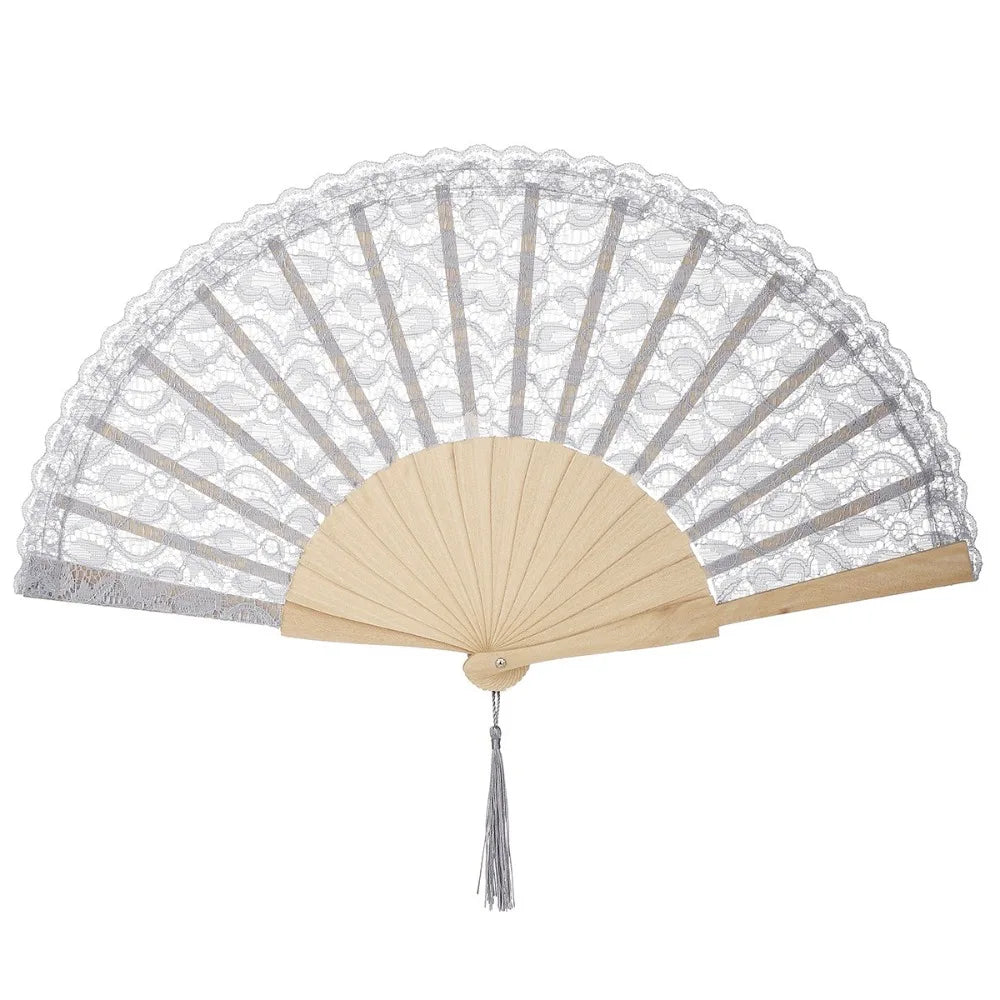 Vintage Chinese Folding Fan Lace Flower Tassel Pendant Wood Folding Hand Fan Richie's Grey