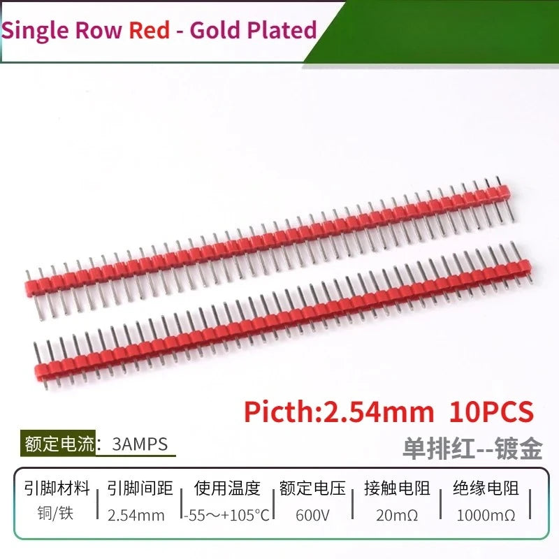 10PCS Color Gilded Pin Headers 2.54mm Single & Double Row Set PCB Pin Headers Richie's Red Gold 10PCS