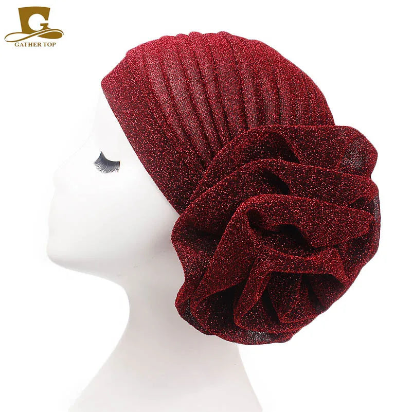 Women Pleated Flower Turban Hat Stretch Hijab Cap Head Wrap Turban Hijab Cap Richie's wine red
