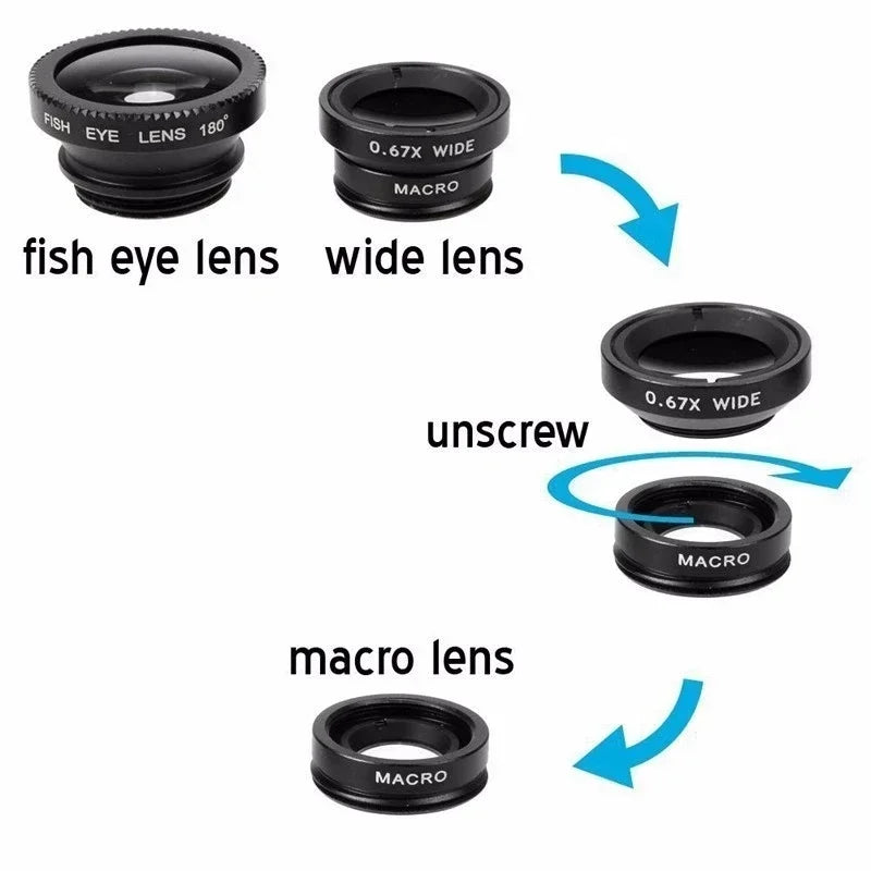 3-in-1 Fisheye Wide Angle Macro Clip Lens Kit for Smartphones Phone Camera Lens Kit Richie's
