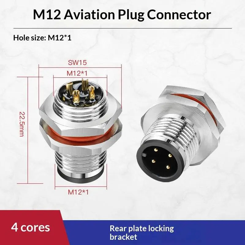 M12 IP67 Waterproof Connector 4/5/8 Pin Panel Socket 22AWG Wire Industrial Connector Richie's Back 4P M
