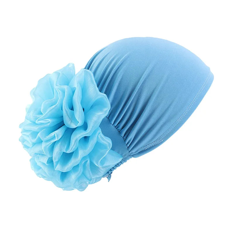 Women's Elastic Turban Cap Flower Hijab Headscarf Beanie Turban Head Wrap Richie's Lake Blue