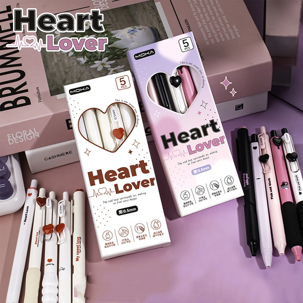 Heart Gel Pens Set 5pcs | 0.5mm Quick-Dry Retractable Black Ink Gel Pen Set Richie's