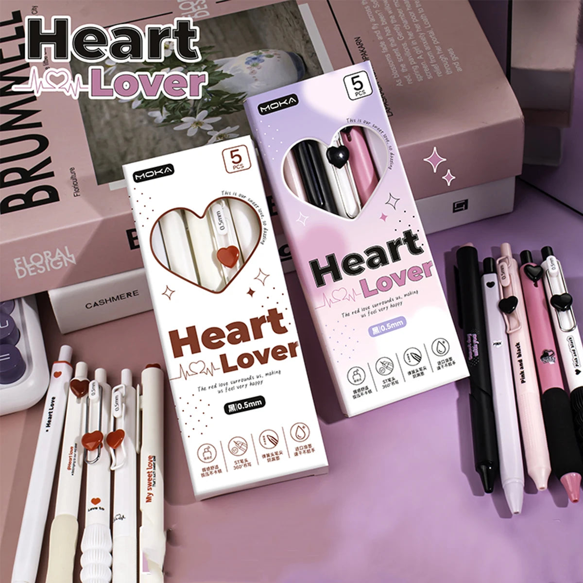 Heart Gel Pens Set 5pcs | 0.5mm Quick-Dry Retractable Black Ink Gel Pen Set Richie's