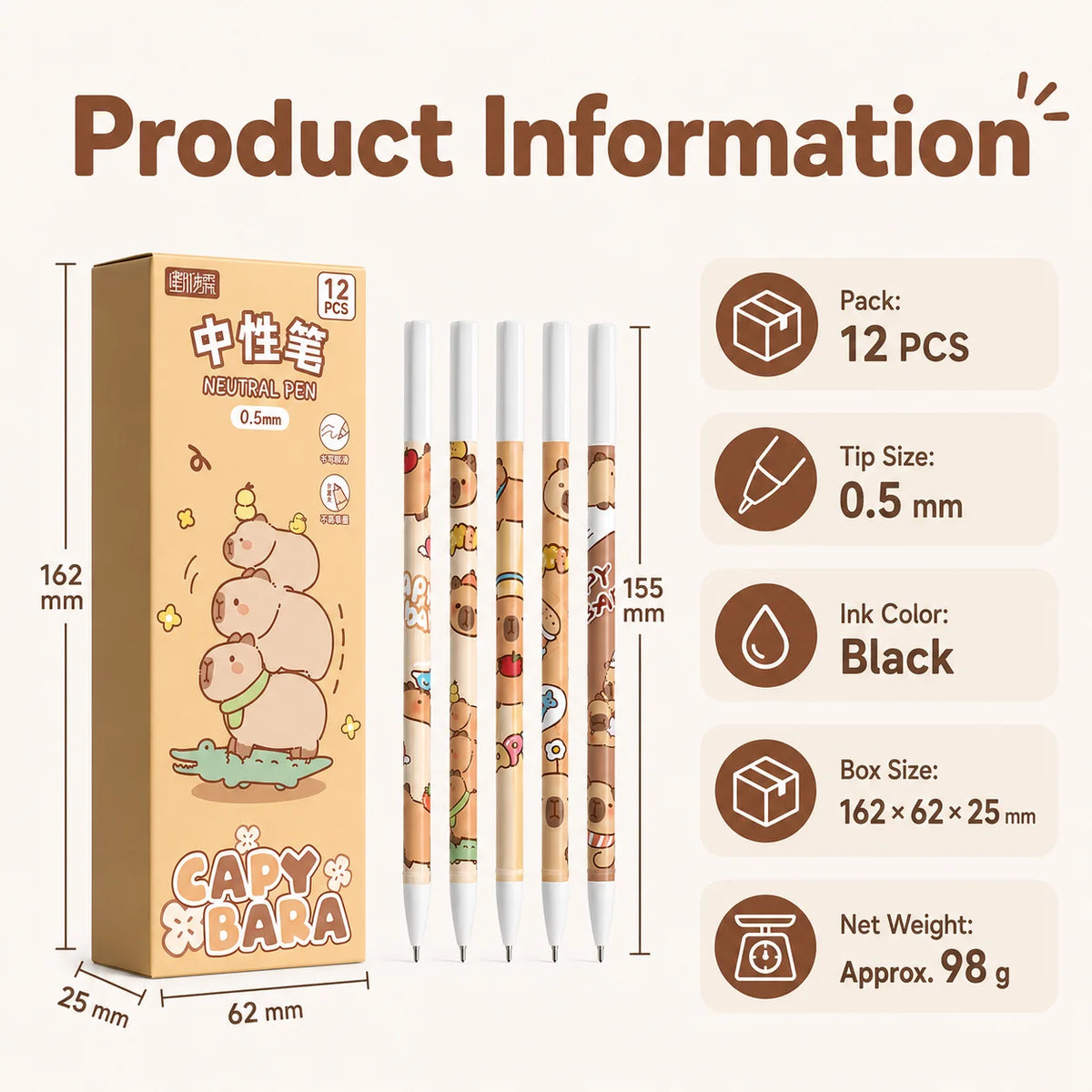 12 Capybara Gel Pens 0.5mm Fine Point Black Ink | Cute Set Gel Pen Set Richie's