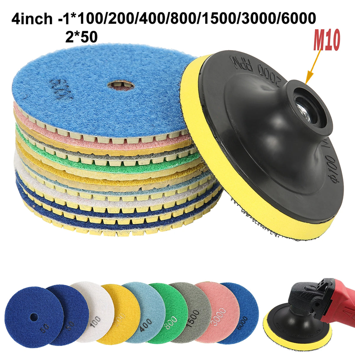 4" Diamond Polishing Pads Kit 10-16 Pcs Wet/Dry for Granite Diamond Polishing Pads Richie's 10pcs 50-6000 4 inches multi-tool
