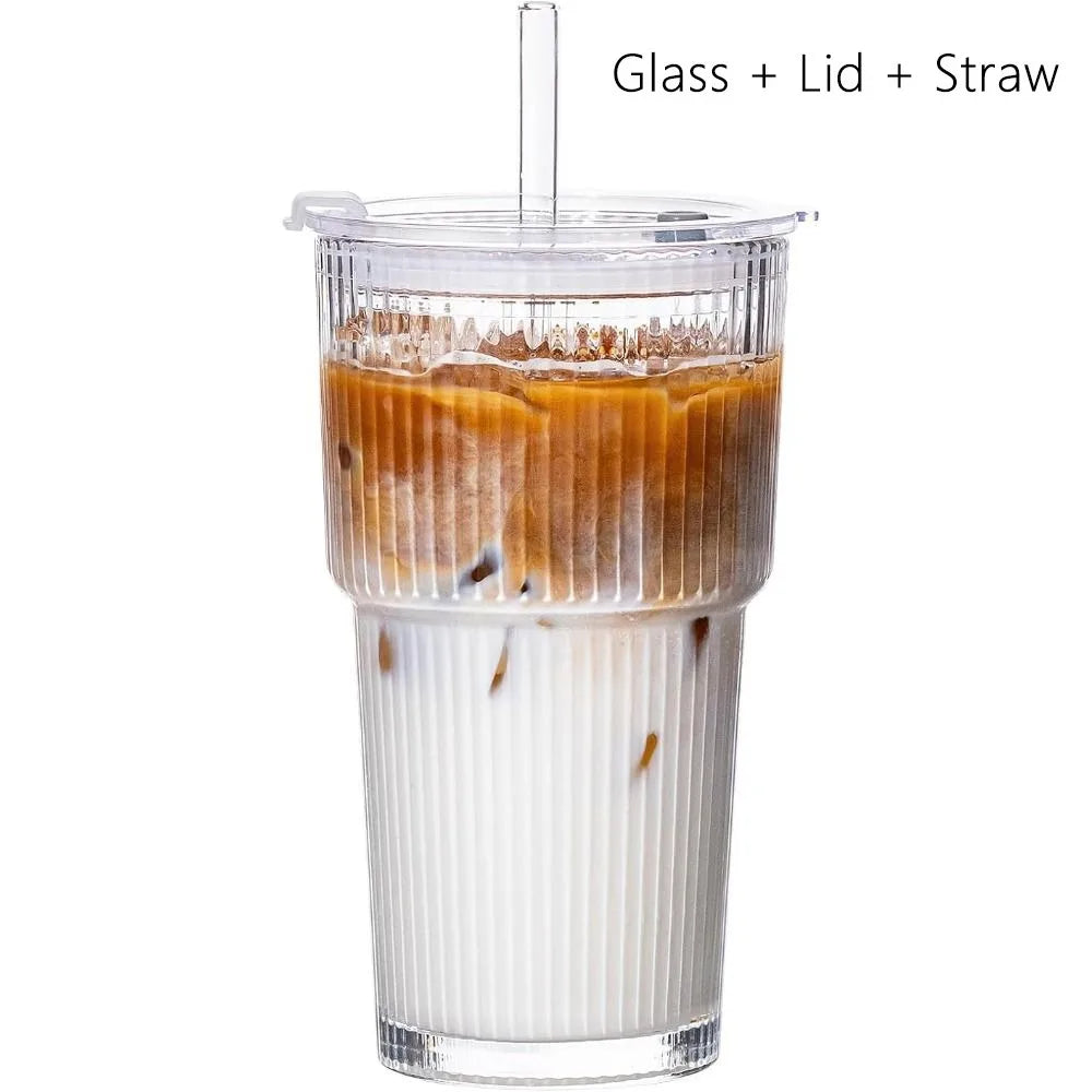 600ml Ribbed Glass Tumbler with Lid & Straw | Reusable Cup Glass Tumbler Set Richie's Clear