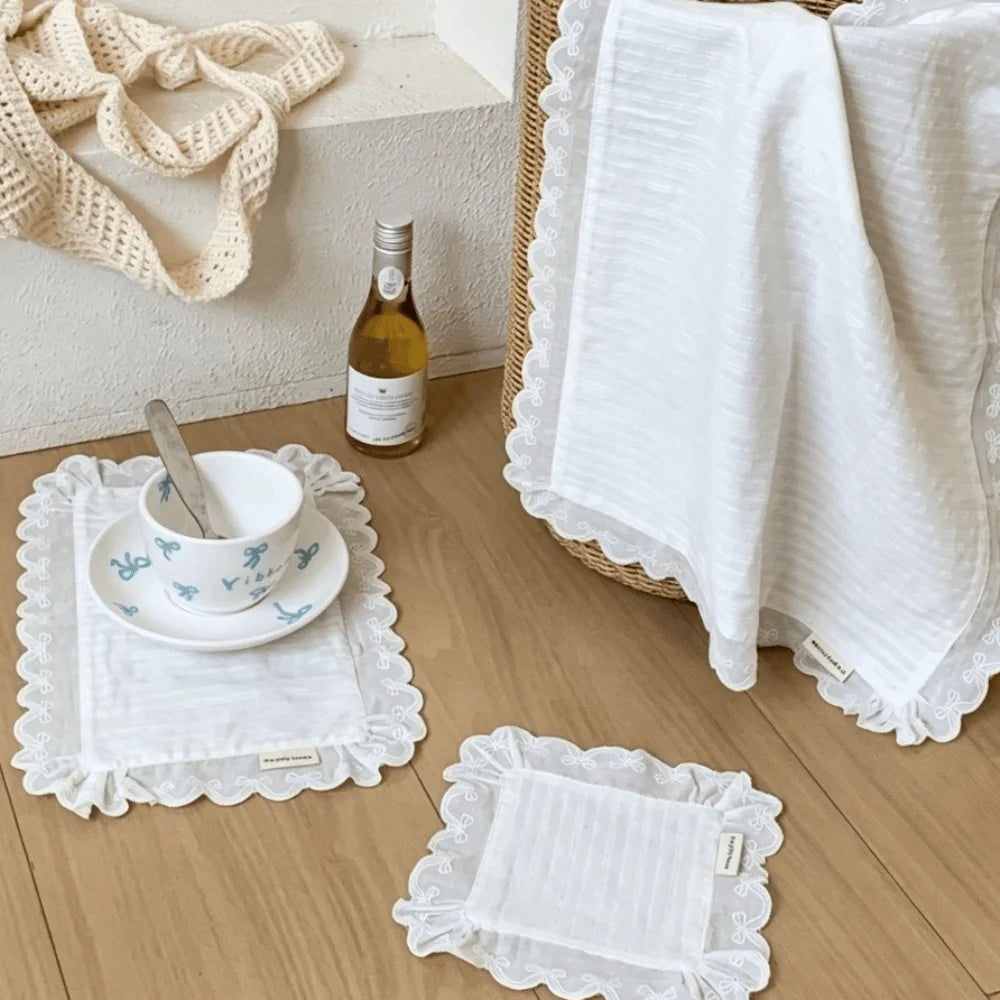 Korean Lace Ruffle Placemat – Cotton Coaster & Napkin Lace Ruffle Placemat Richie's