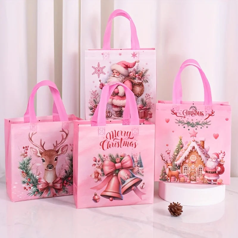 Pink Christmas Tote Bags with Handles | Santa & Elk 4/8 Pcs Christmas Gift Bags Richie's