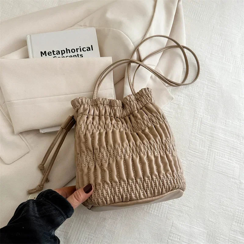 Silver Pleated Drawstring Bucket Bag – Soft PU Leather Purse Shoulder Bucket Bag Richie's Khaki