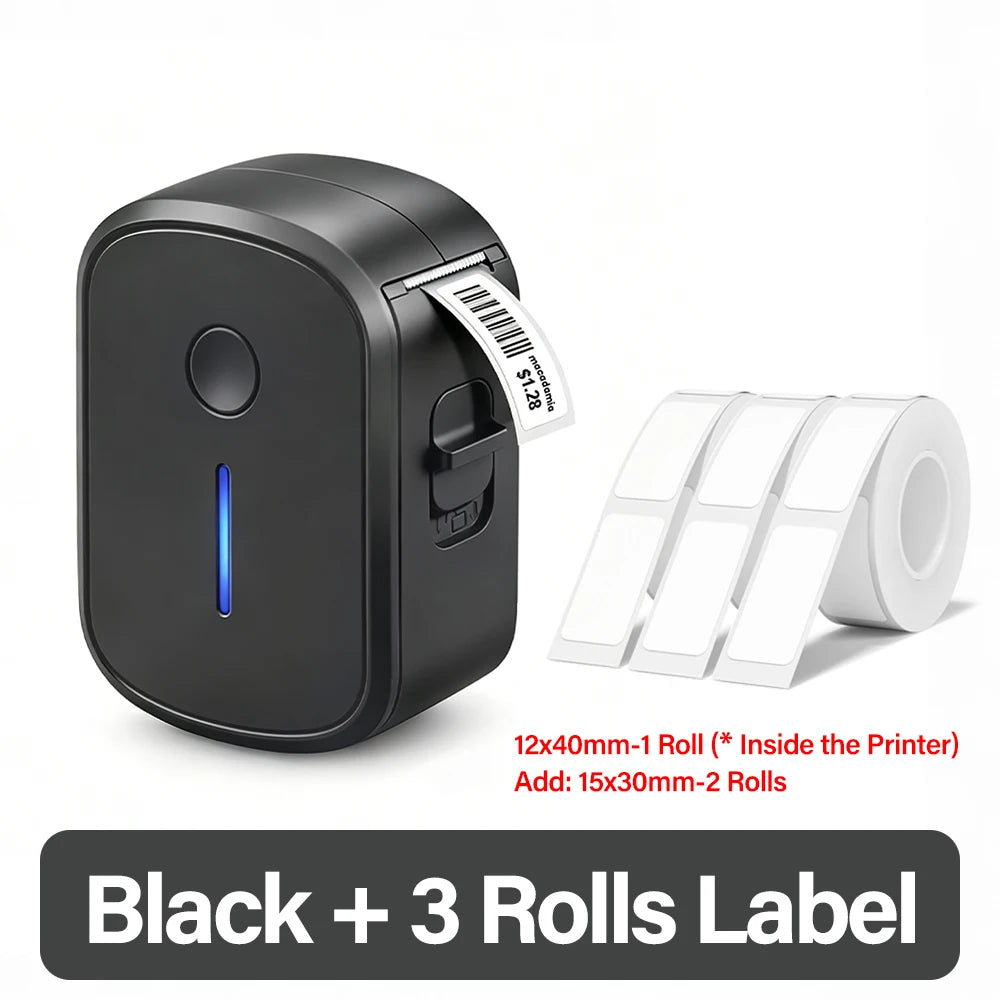 Memiva Bluetooth Inkless Thermal Label Printer – Mini Sticker Maker Thermal Label Printer Richie's Black And 3 Rolls