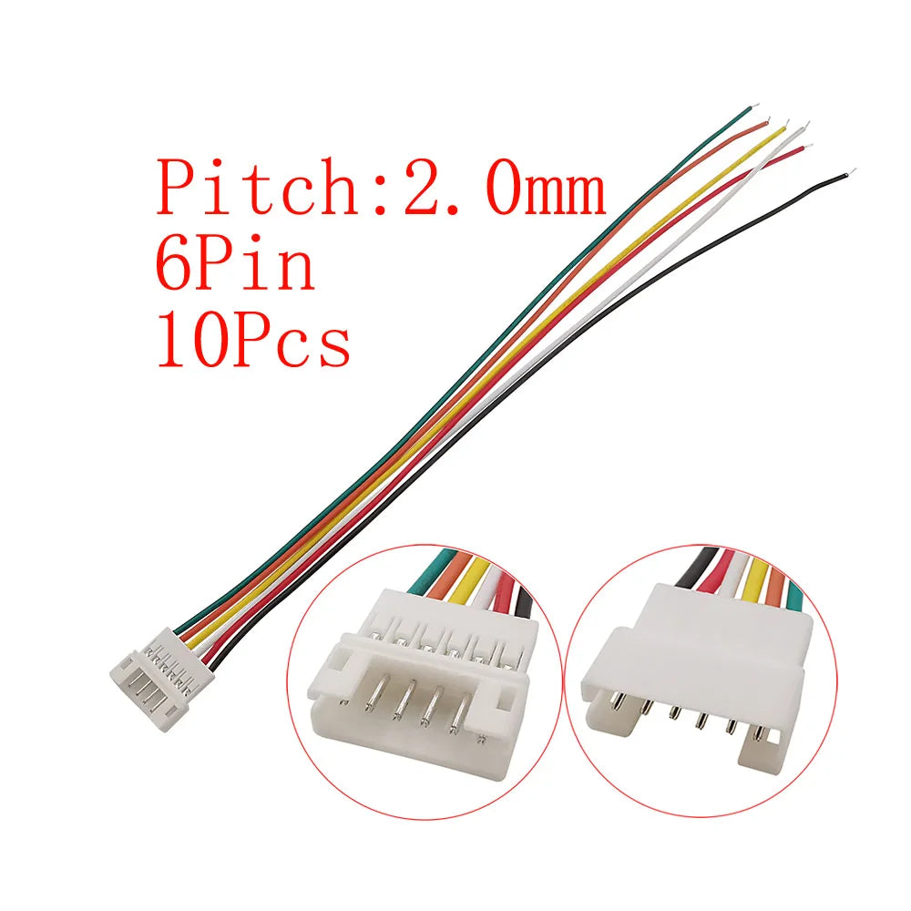 10Pcs JST PH 2.0mm Connector 2–6 Pin Male Female 26AWG Cables Wire Connector Set Richie's 10Pcs 6Pin-K