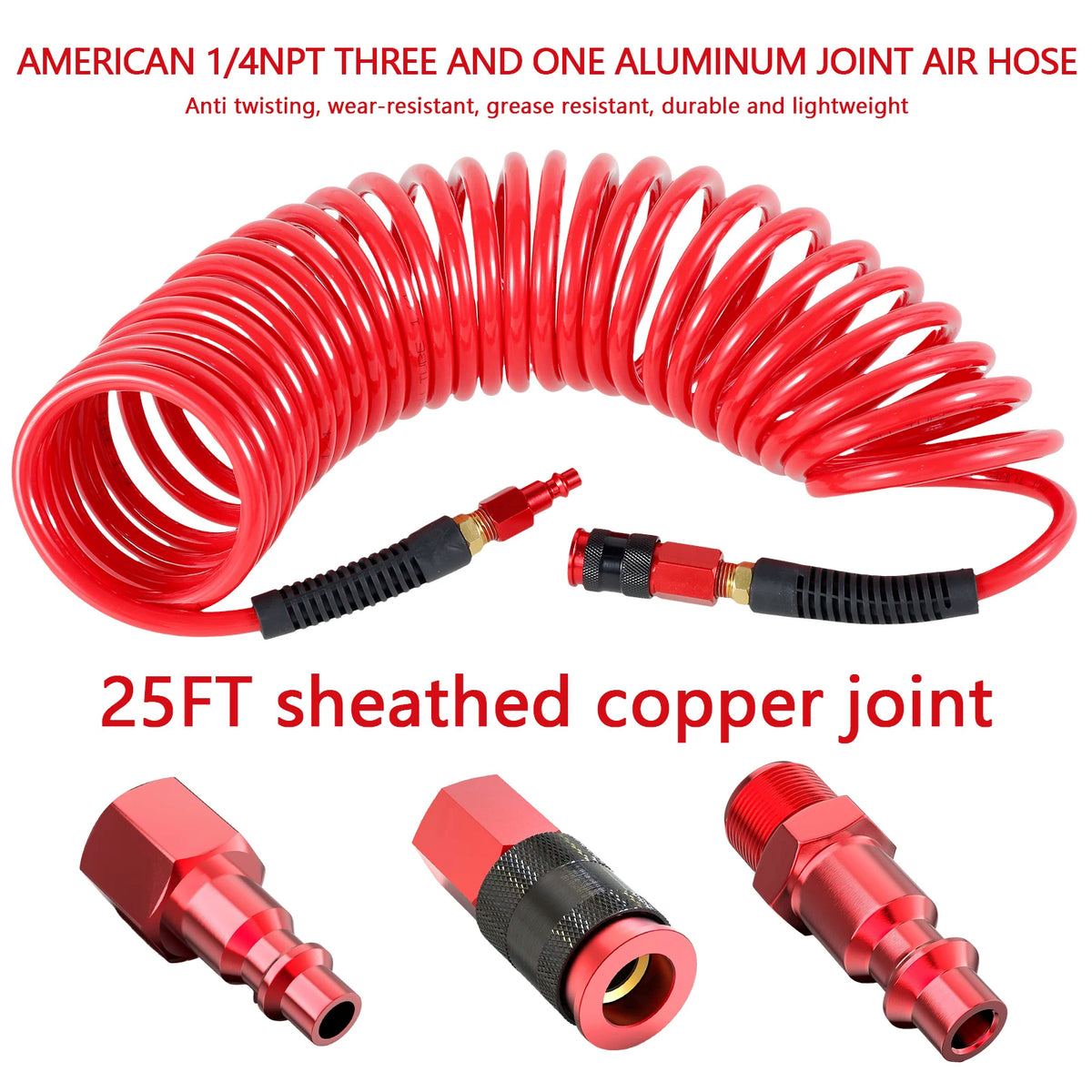25FT Recoil Air Compressor Hose 300 PSI with Coupler & I/M Plug Air Compressor Hose Richie's Red