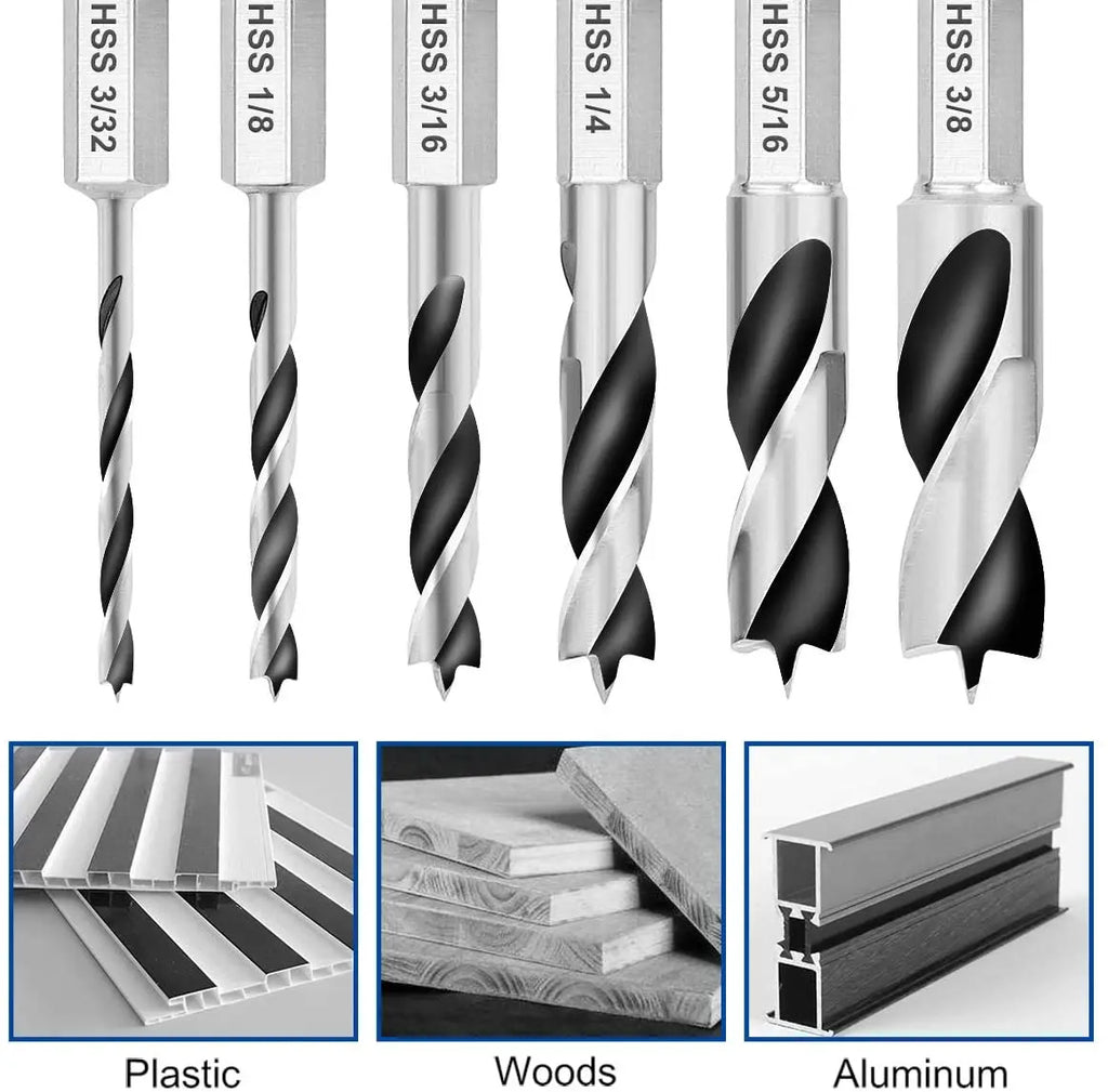 6-Pc HSS Brad Point Stubby Drill Bit Set – 1/4" Hex Shank Wood Drill Bit Set Richie's