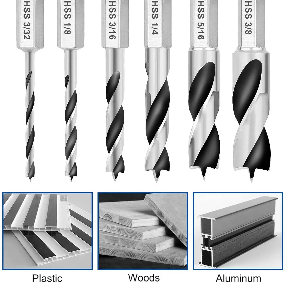 6-Pc HSS Brad Point Stubby Drill Bit Set – 1/4" Hex Shank Wood Drill Bit Set Richie's
