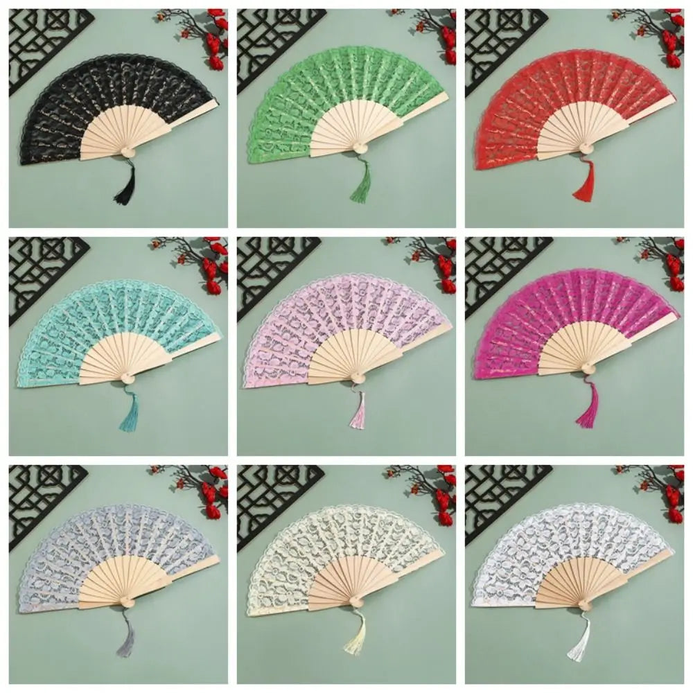 Vintage Chinese Folding Fan Lace Flower Tassel Pendant Wood Folding Hand Fan Richie's