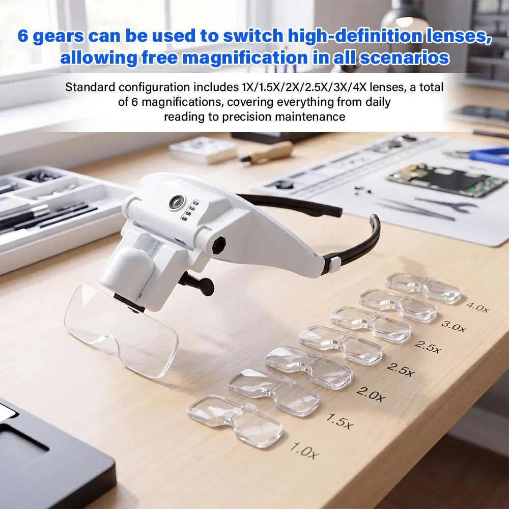 Rechargeable LED Headband Magnifier – 6 Lenses & 3 Lights Headband Magnifier Richie's