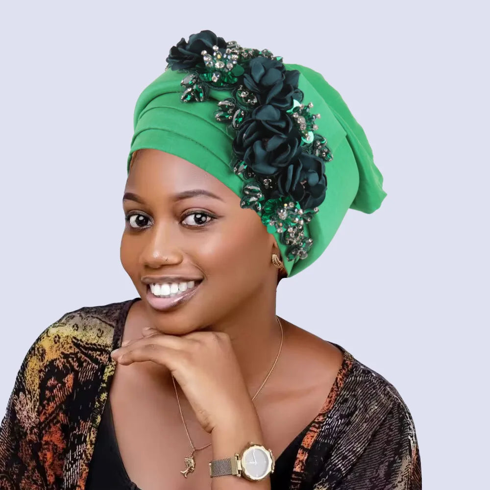 Women's Crinkle Headwrap African Headtie Rhinestone Flower Cap Fashion Headwrap Richie's