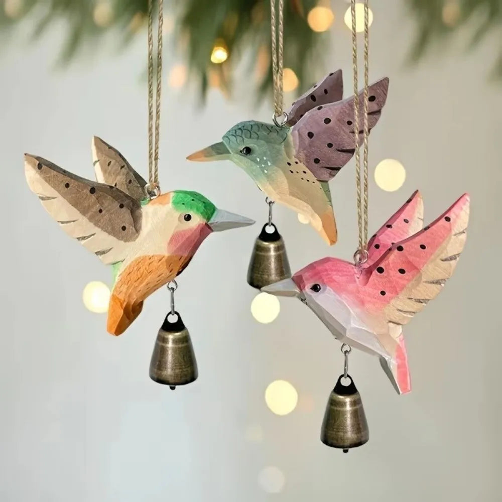 Hand-Carved Hummingbird Wood Figurine with Bell Wind Chime Wood Bird Figurine Richie's