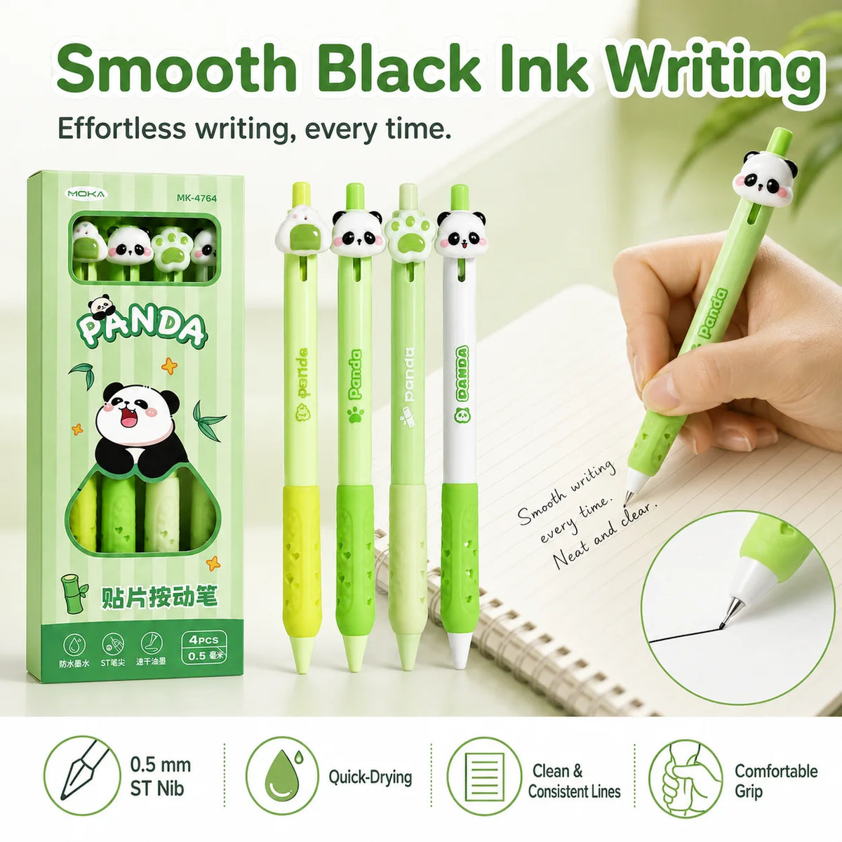 Kawaii Panda Retractable Gel Pen Set 4Pcs – 0.5mm Black Ink Gel Pen Set Richie's