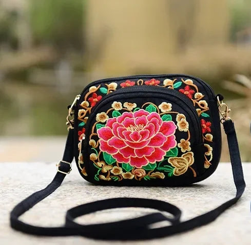 Vintage Boho Hmong Embroidery Women's Canvas Shoulder Bag Embroidery Shoulder Bag Richie's Red Peony