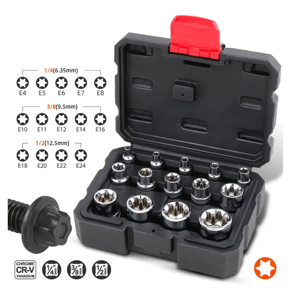 14Pc Female E-TORX Star Socket Set E4–E24 | 3 Drive Sizes Socket Set Richie's 14 pcs