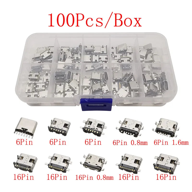 USB Type-C Female Connector Box – 2/6/16 Pin SMD PCB Sockets USB-C Connector Kit Richie's 100Pcs Box