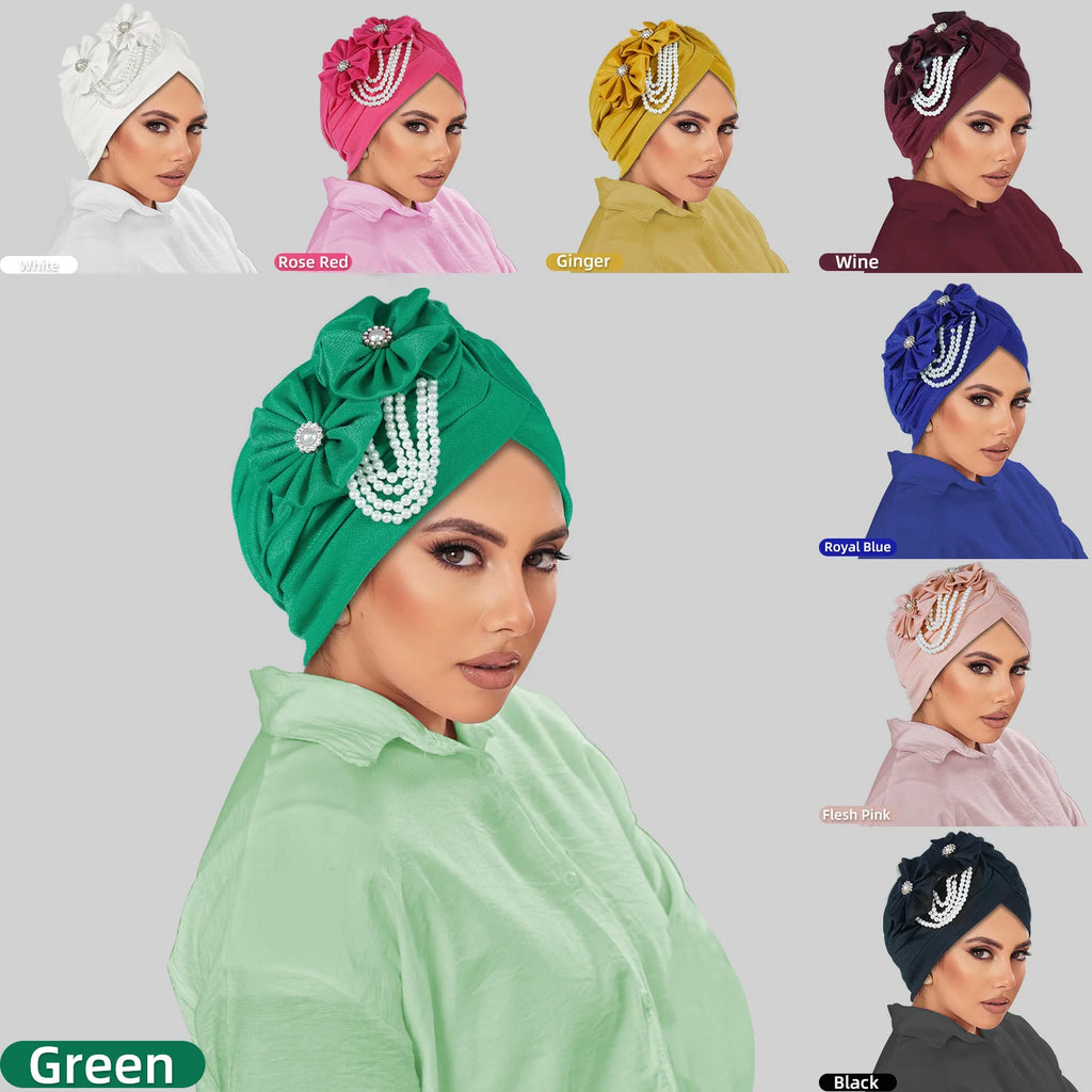 Pearl Beaded Turban Cap Women – Floral Chiffon Head Wrap Turban Head Wrap Richie's