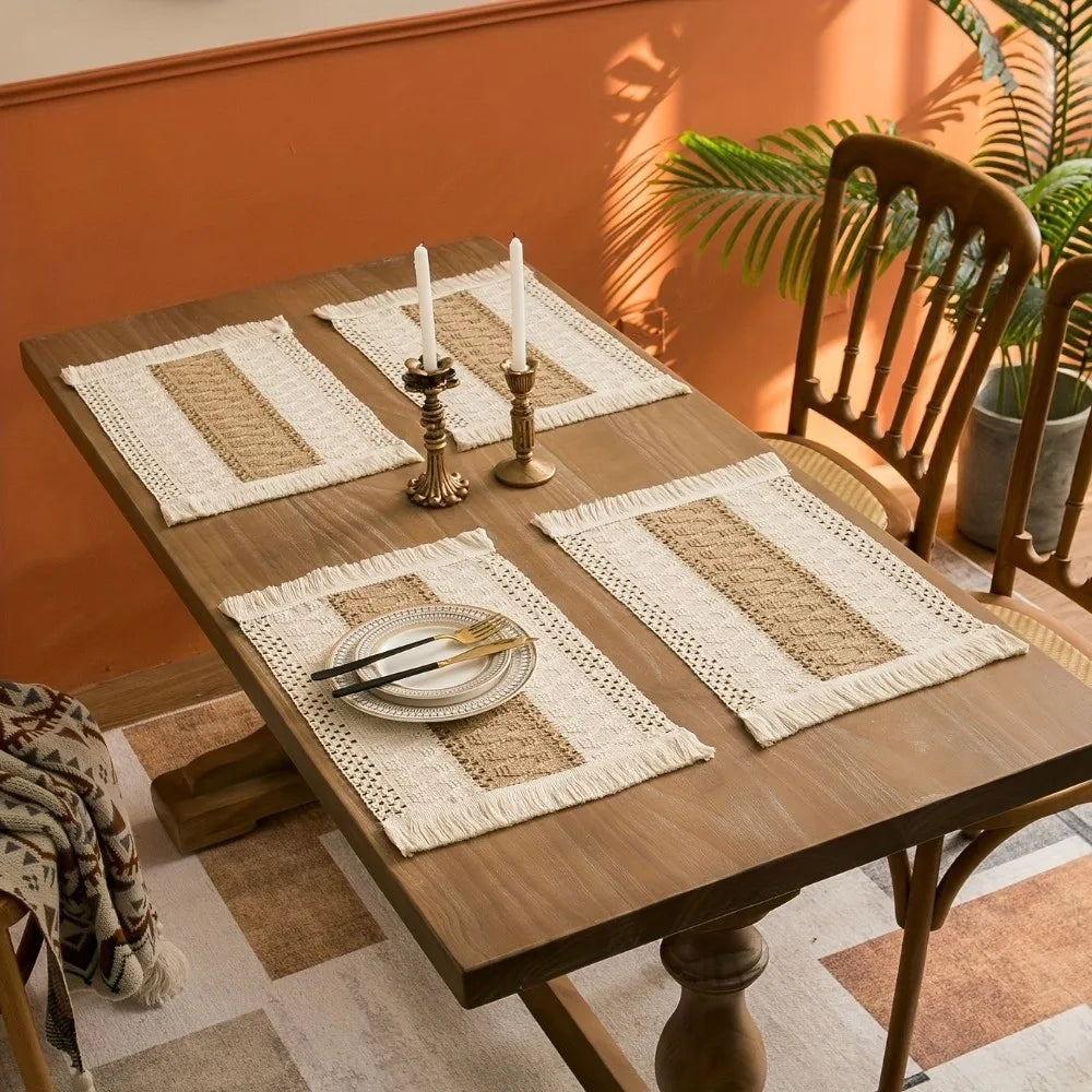 4-Pack Boho Burlap Placemats with Tassels | Heat Resistant Linen Table Placemats Richie's