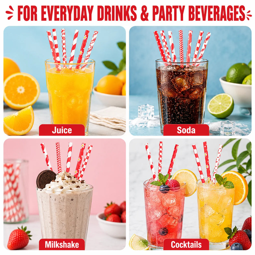 25pcs Red Patterned Biodegradable Paper Straws for Parties Disposable Paper Straws Richie's