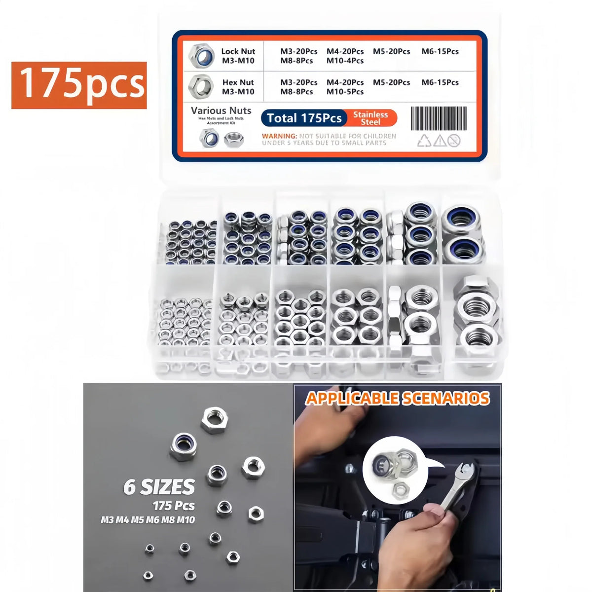 175Pcs Stainless Steel Lock & Hex Nut Kit M3 M4 M5 M6 M8 M10 Nut Fastener Kit Richie's 175Pcs