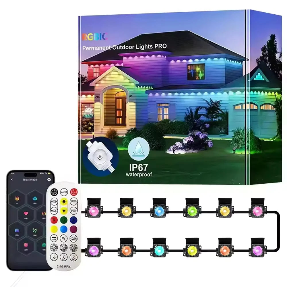 RGBIC LED Outdoor Eaves Lights IP67 Waterproof Smart App Control LED String Lights Richie's Black 60M 100V-240V US Plug