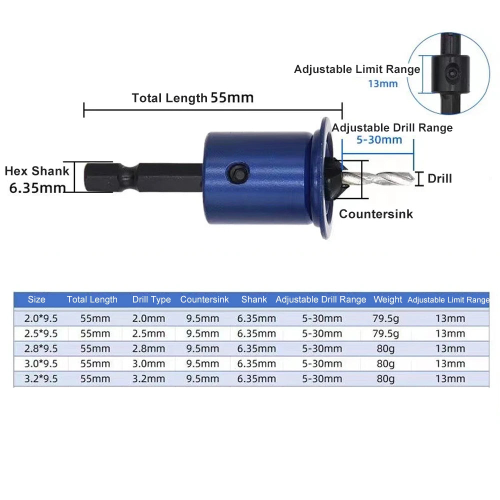 6.35mm Hex Shank Countersink Drill Bit – Adjustable Depth Stop Countersink Drill Bit Richie's