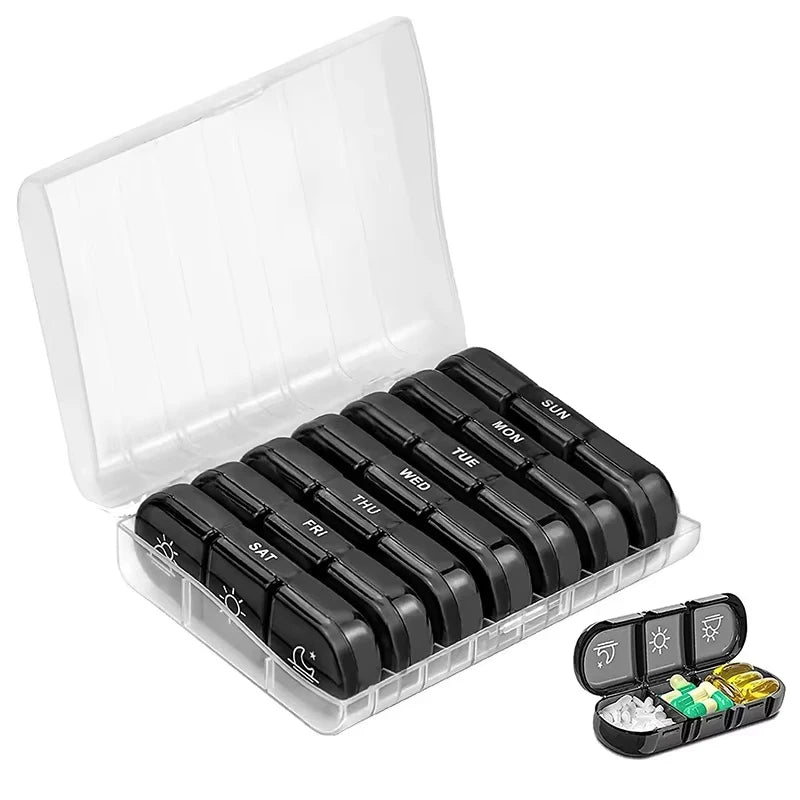 7-Day Weekly Pill Organizer – Portable Travel Pillbox Weekly Pill Organizer Richie's White box black grid