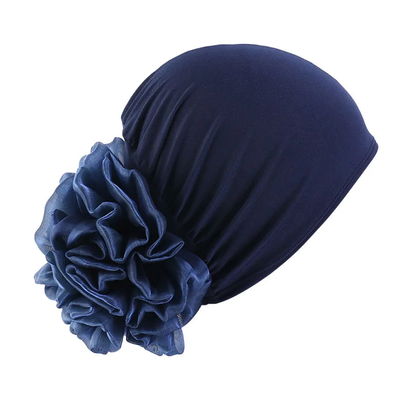 Women's Elastic Turban Cap Flower Hijab Headscarf Beanie Turban Head Wrap Richie's dark blue