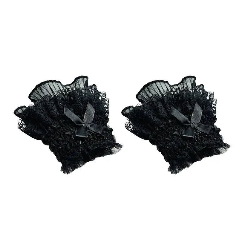 Gothic Lolita Wrist Cuffs Bowknot Lace Trim Maid Cosplay Set Cosplay Wrist Cuffs Richie's Black-B One Size