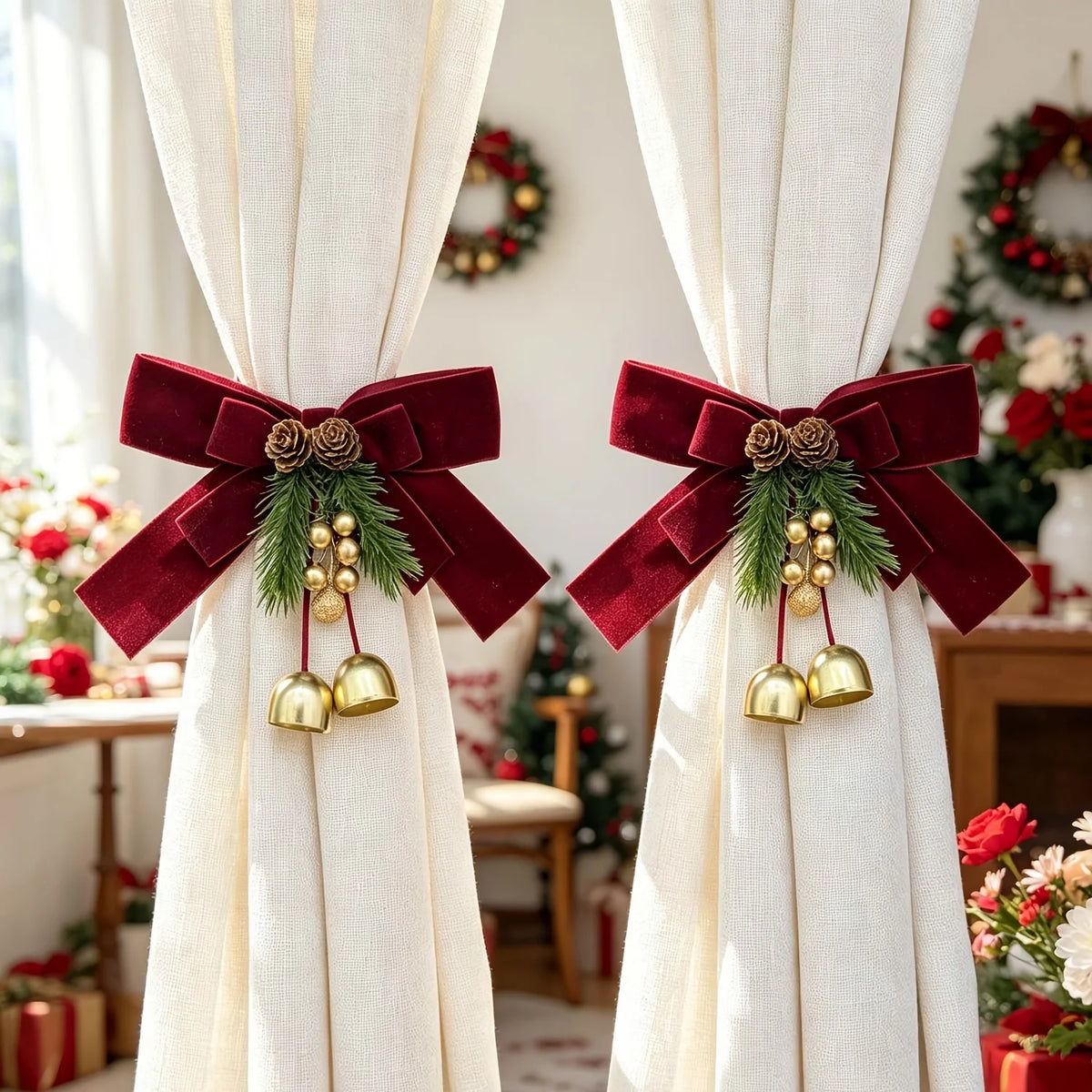 Christmas Curtain Tie-Backs Red Bow Pinecone Golden Bell Curtain Tie-Backs Richie's