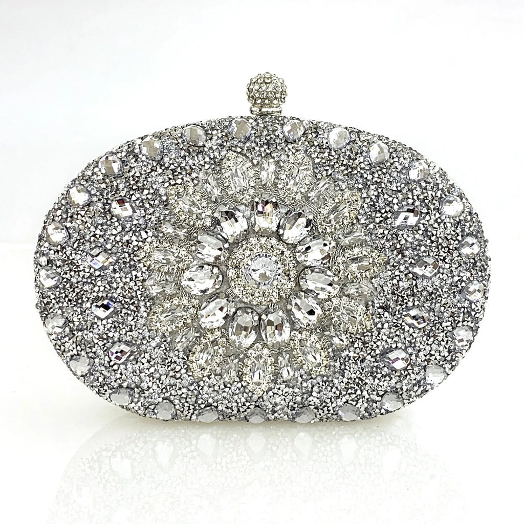 Flower Rhinestone Evening Clutch Bag with Chain – Prom & Wedding Evening Clutch Bag Richie's Silver 20x5x15cm