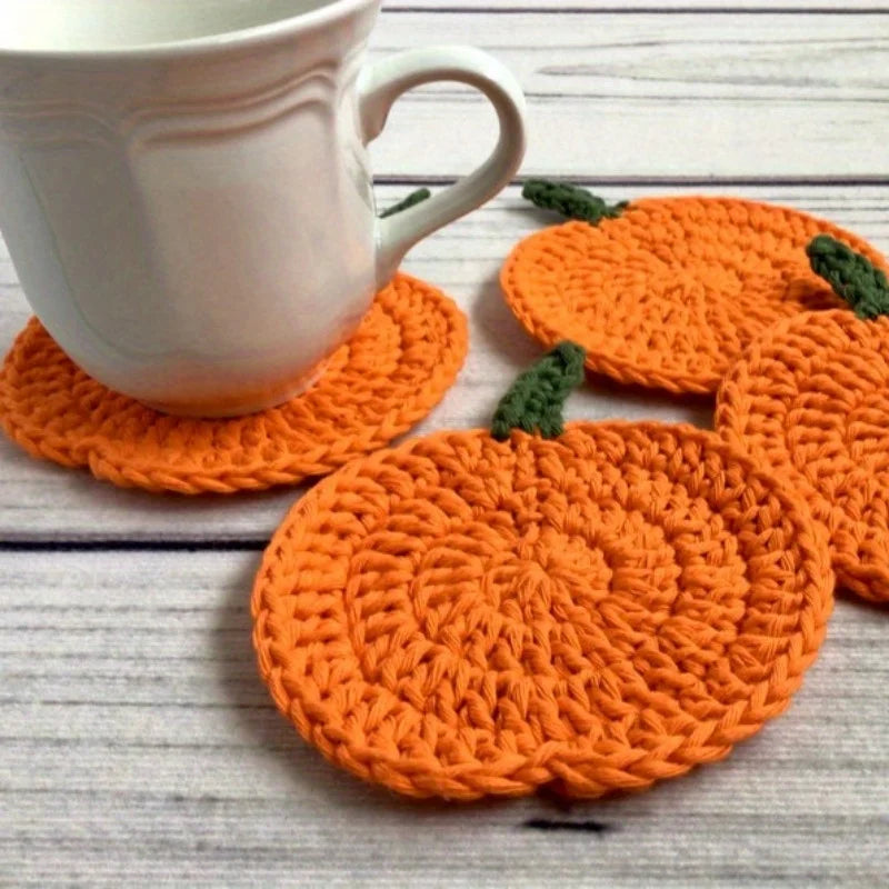 Autumn Crochet Pumpkin Coasters | Handmade Fall Farmhouse Décor Fabric Coaster Set Richie's