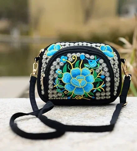 Vintage Boho Hmong Embroidery Women's Canvas Shoulder Bag Embroidery Shoulder Bag Richie's Blue Flower