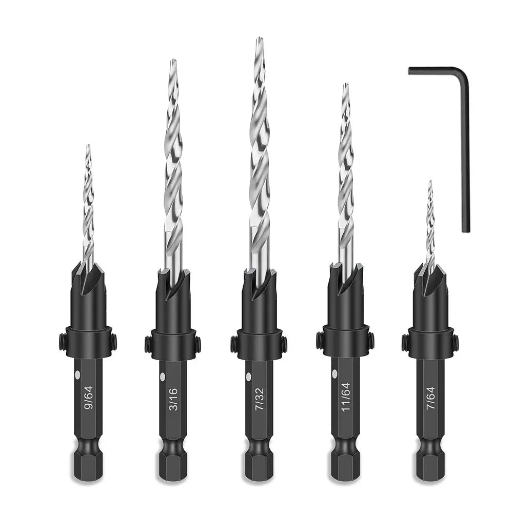 Wood Countersink Drill Bit Set 5/7Pc SAE Tapered 1/4" Hex Shank Countersink Drill Bits Richie's 5Pcs Silver