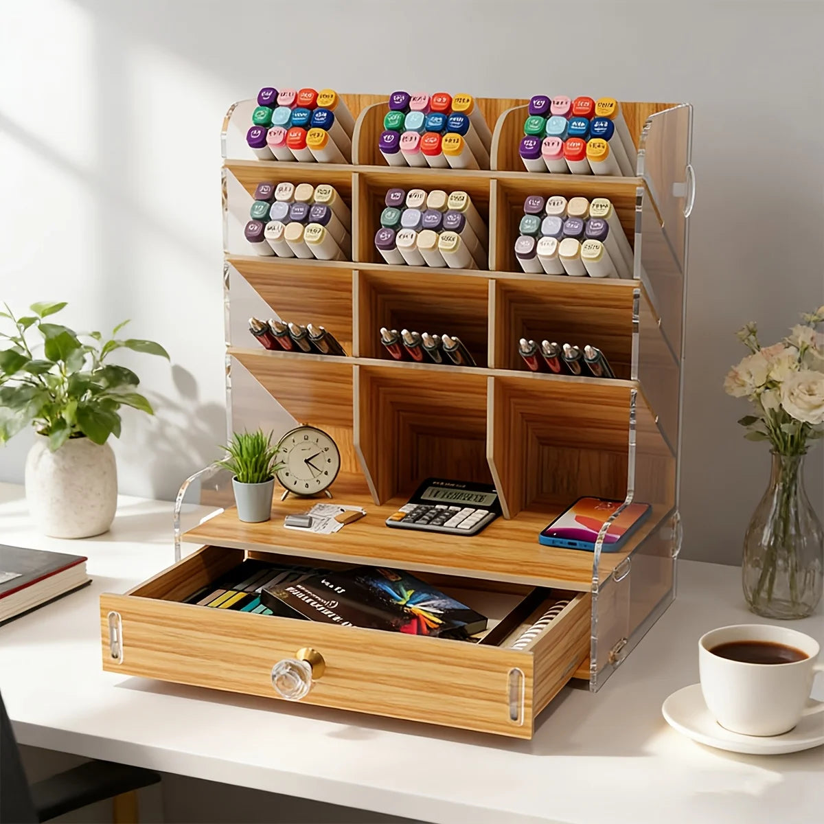 Wooden Desk Organizer with Drawer & Multi-Compartment Holder Desk Organizer Richie's