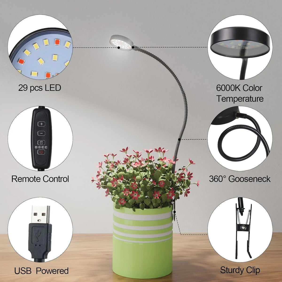 USB Clip-On LED Grow Light 6000K Full Spectrum Dimmable Timer LED Grow Light Richie's