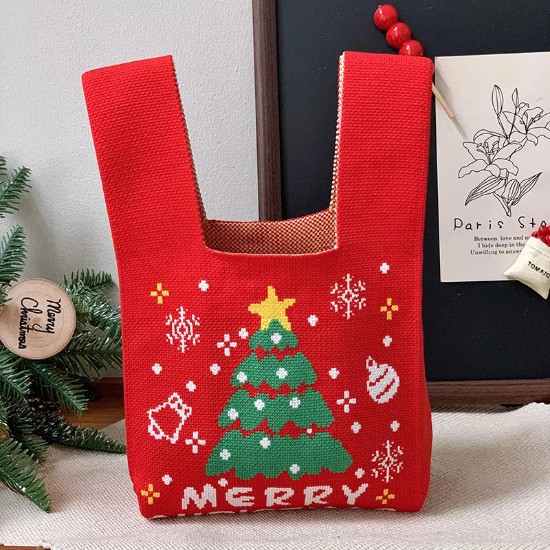 Christmas Knitted Spandex Tote Bag – Santa & Tree Gift Bag Holiday Gift Tote Bag Richie's