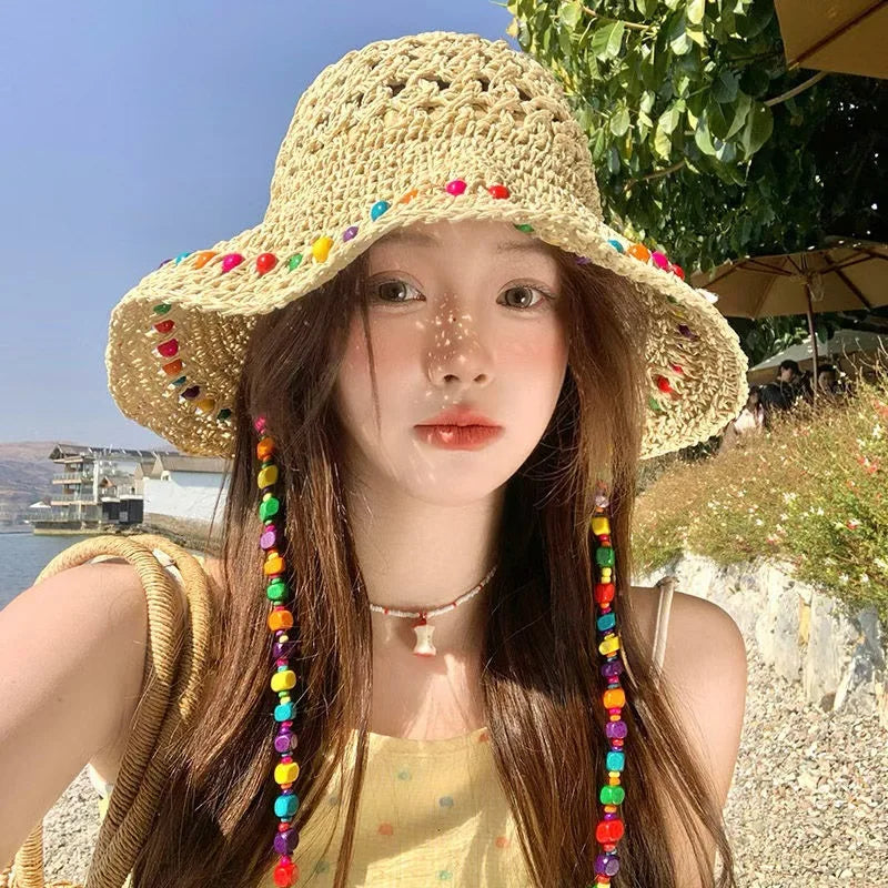 Women's Handmade Crochet Straw Bucket Hat – Wide Brim Beach Straw Bucket Hat Richie's