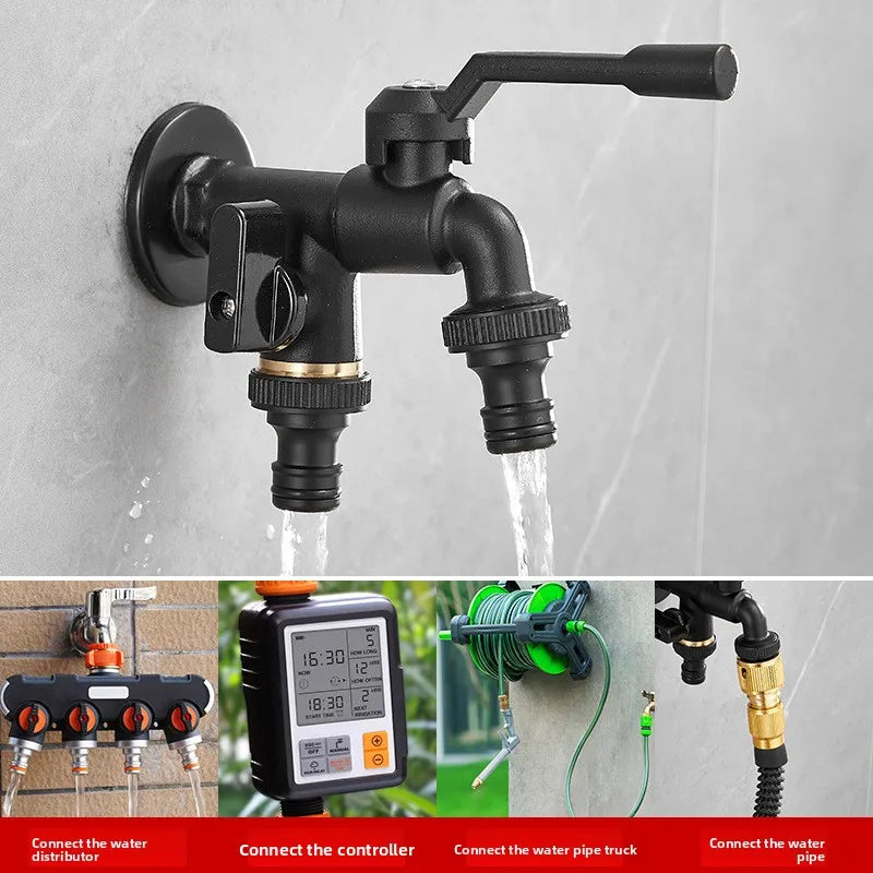 Outdoor Brass Antifreeze Faucet Dual Outlet Wall Mount Garden Tap Garden Faucet Richie's Black Double Out
