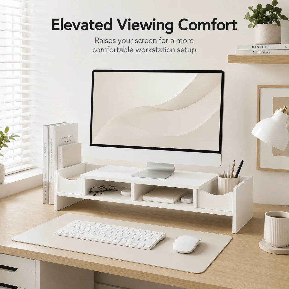 White Monitor Stand Riser with Storage Cubbies | Desk Organizer Monitor Stand Riser Richie's
