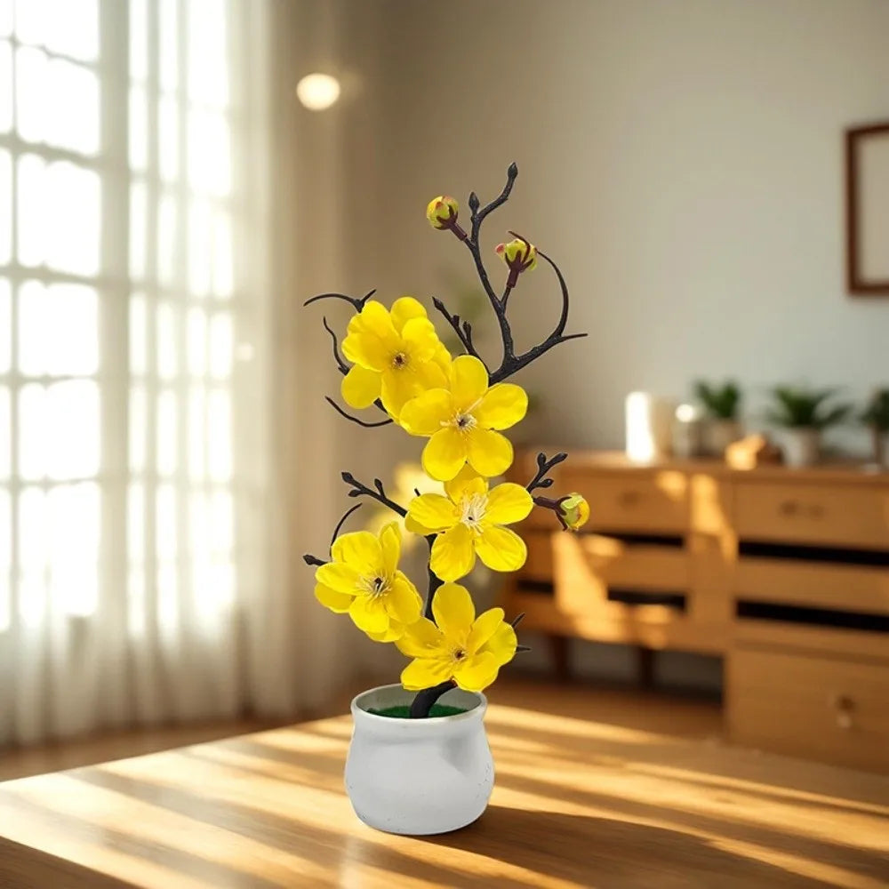 Red Artificial Plum Potted Flowers – Faux Silk Blooms in White Pot Artificial Potted Flower Richie's