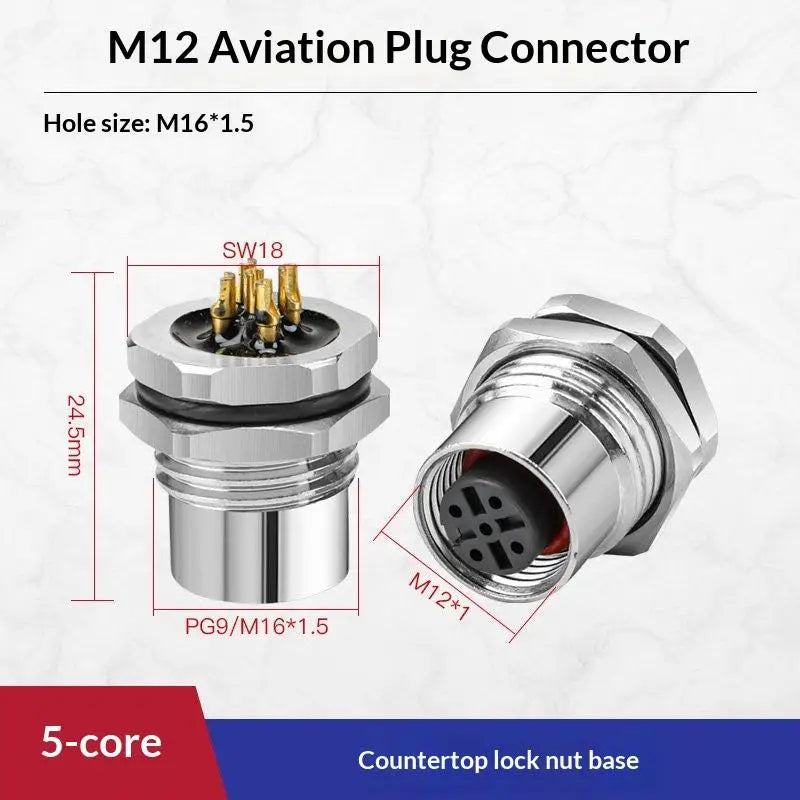 M12 IP67 Waterproof Connector 4/5/8 Pin Panel Socket 22AWG Wire Industrial Connector Richie's Front 5P F
