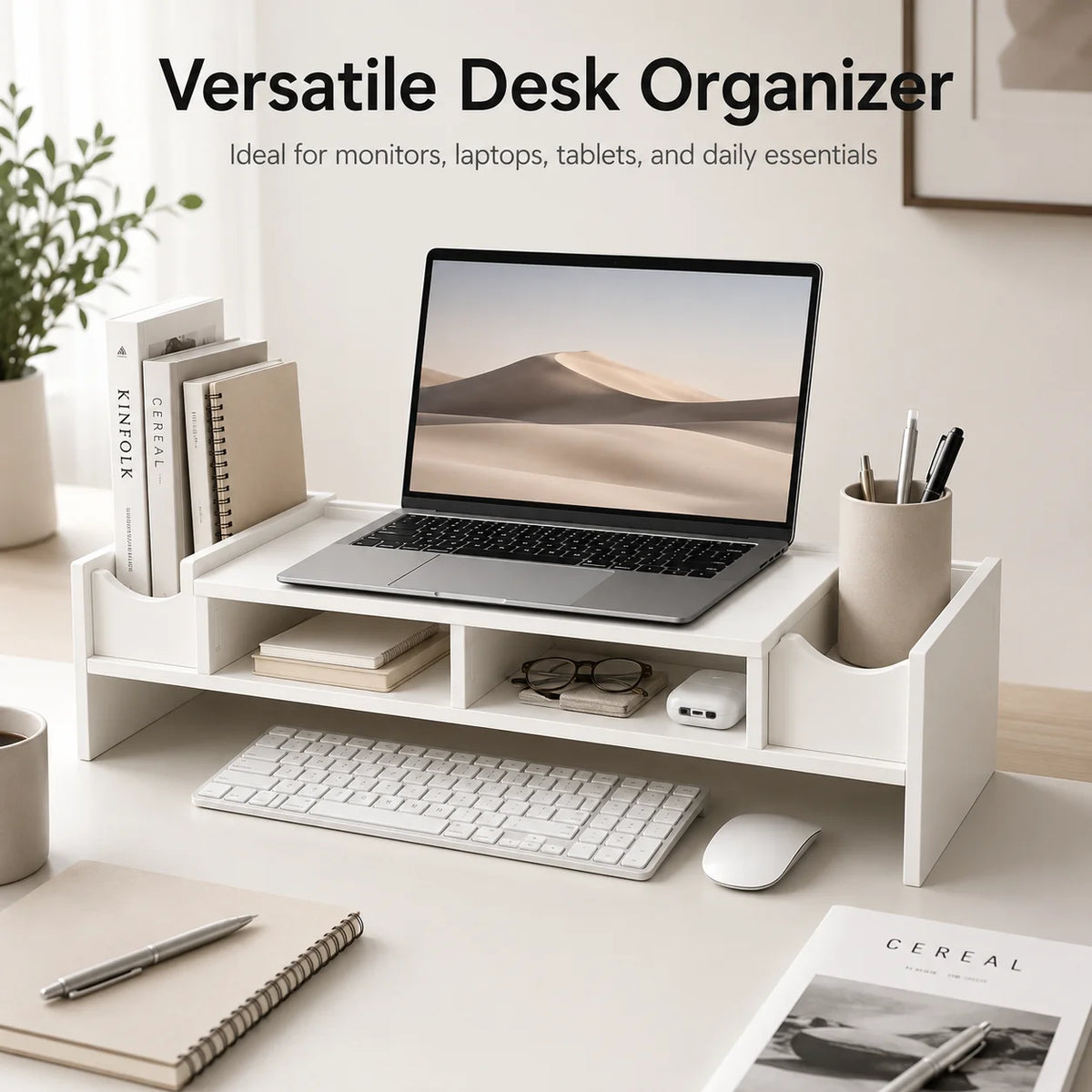White Monitor Stand Riser with Storage Cubbies | Desk Organizer Monitor Stand Riser Richie's